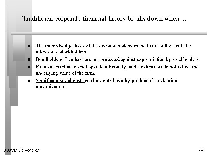 Traditional corporate financial theory breaks down when. . . The interests/objectives of the decision