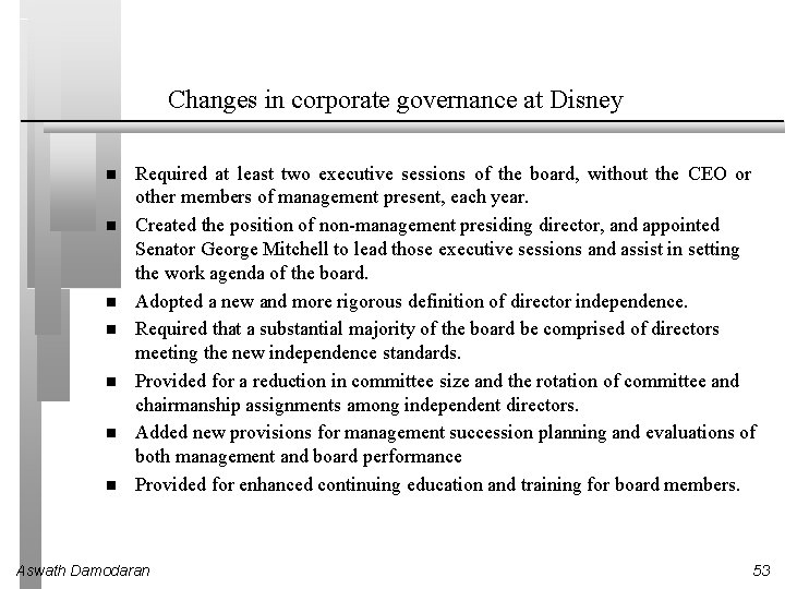 Changes in corporate governance at Disney Required at least two executive sessions of the