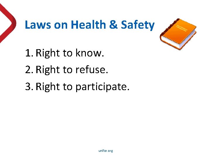 Laws on Health & Safety 1. Right to know. 2. Right to refuse. 3.