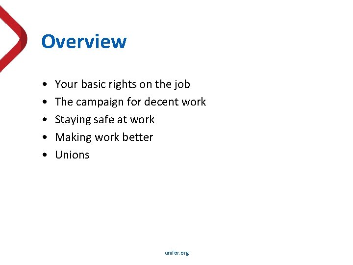Overview • • • Your basic rights on the job The campaign for decent