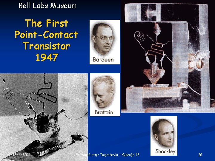 Bell Labs Museum The First Point-Contact Transistor 1947 13/6/2021 Εισαγωγή στην Τεχνολογία - Διάλεξη Bell Labs Museum The First Point-Contact Transistor 1947 13/6/2021 Εισαγωγή στην Τεχνολογία - Διάλεξη