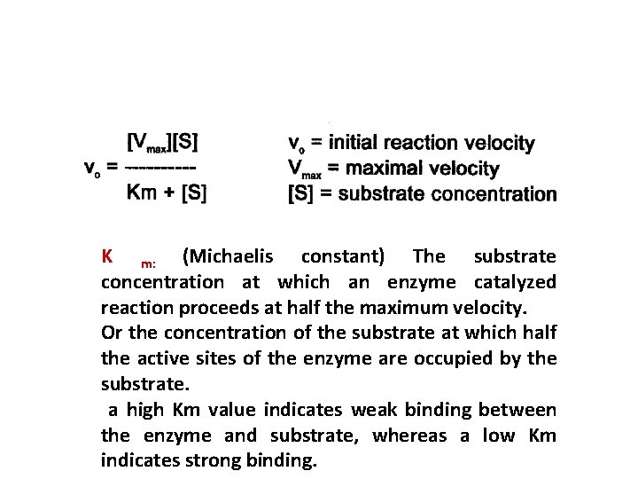 K m: (Michaelis constant) The substrate concentration at which an enzyme catalyzed reaction proceeds