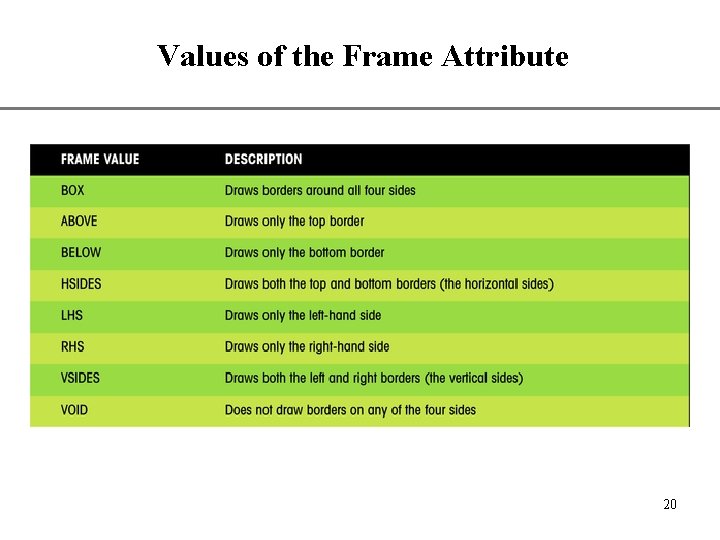 Values of the Frame Attribute XP 20 