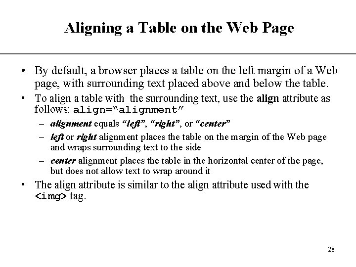 Aligning a Table on the Web Page XP • By default, a browser places