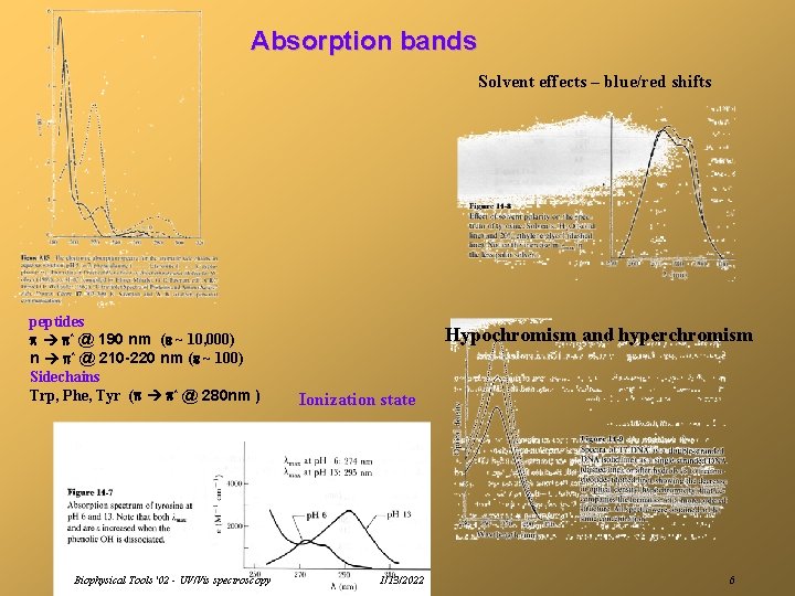 Absorption bands Solvent effects – blue/red shifts peptides p p* @ 190 nm (e