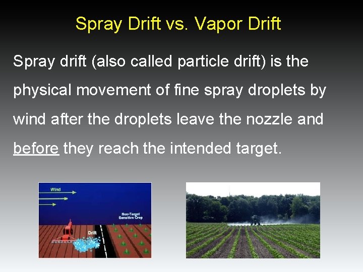 Spray Drift vs. Vapor Drift Spray drift (also called particle drift) is the physical Spray Drift vs. Vapor Drift Spray drift (also called particle drift) is the physical