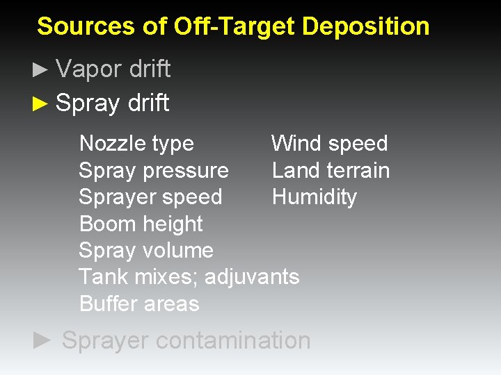 Sources of Off-Target Deposition ► Vapor drift ► Spray drift Nozzle type Wind speed Sources of Off-Target Deposition ► Vapor drift ► Spray drift Nozzle type Wind speed