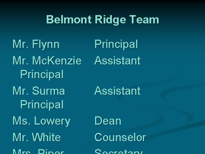 Belmont Ridge Team Mr. Flynn Mr. Mc. Kenzie Principal Mr. Surma Principal Ms. Lowery