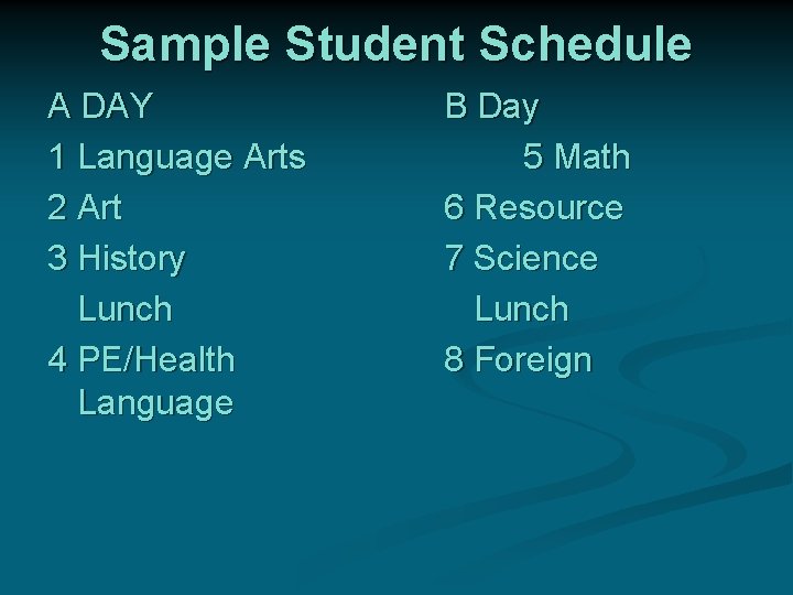 Sample Student Schedule A DAY 1 Language Arts 2 Art 3 History Lunch 4