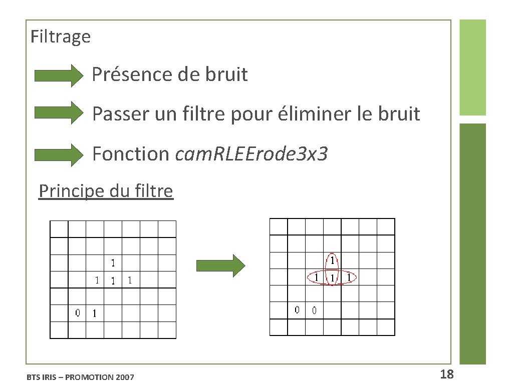 Filtrage Présence de bruit Passer un filtre pour éliminer le bruit Fonction cam. RLEErode