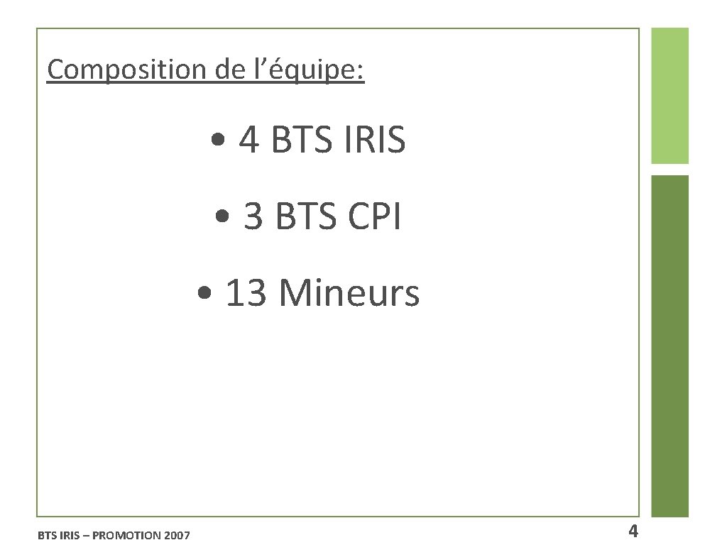 Composition de l’équipe: • 4 BTS IRIS • 3 BTS CPI • 13 Mineurs