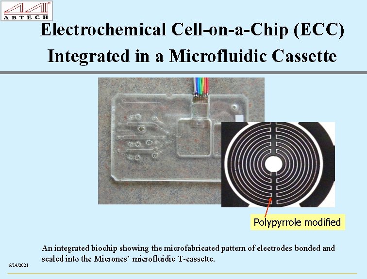 Electrochemical Cell-on-a-Chip (ECC) Integrated in a Microfluidic Cassette Polypyrrole modified 6/14/2021 An integrated biochip