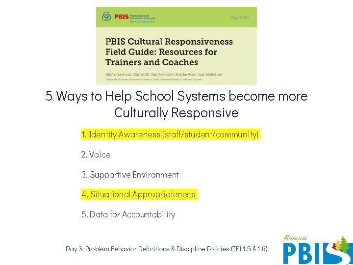 5 Ways to Help School Systems become more Culturally Responsive 1. Identity Awareness (staff/student/community)
