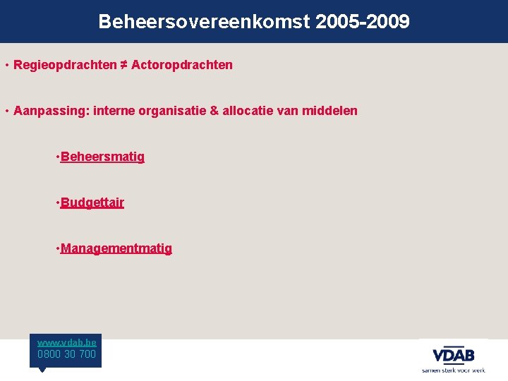 Beheersovereenkomst 2005 -2009 • Regieopdrachten ≠ Actoropdrachten • Aanpassing: interne organisatie & allocatie van