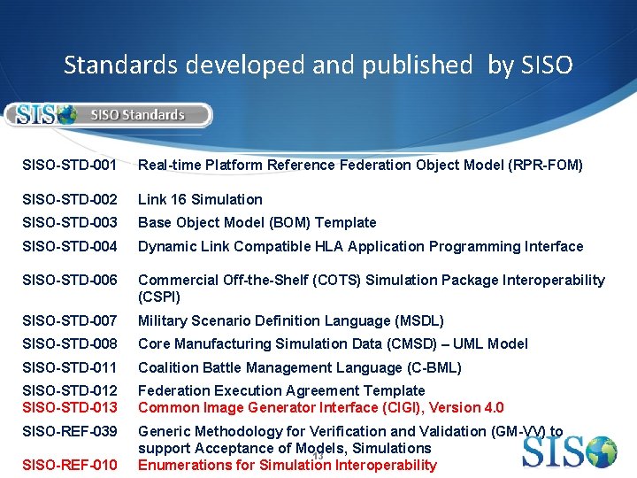 Standards developed and published by SISO-STD-001 Real-time Platform Reference Federation Object Model (RPR-FOM) SISO-STD-002