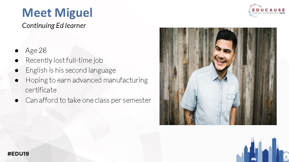 Meet Miguel Continuing Ed learner Age 28 Recently lost full-time job English is his