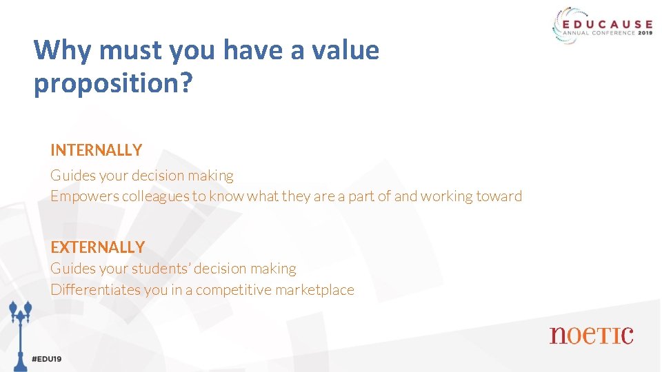 Why must you have a value proposition? INTERNALLY Guides your decision making Empowers colleagues