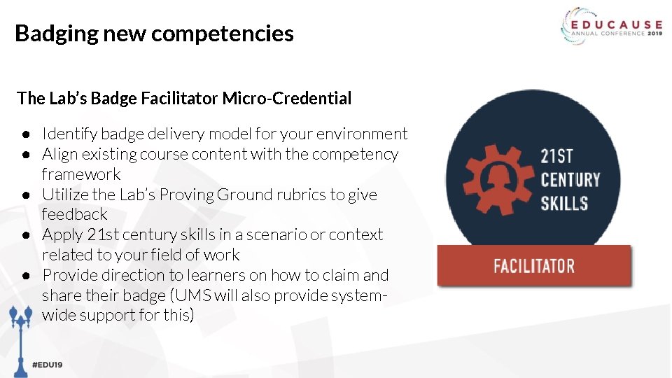 Badging new competencies The Lab’s Badge Facilitator Micro-Credential ● Identify badge delivery model for