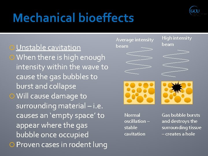 Mechanical bioeffects Unstable cavitation When there is high enough intensity within the wave to