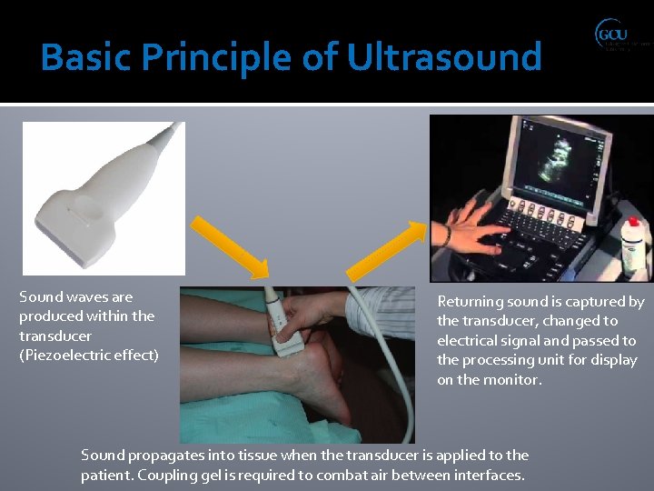 Basic Principle of Ultrasound Sound waves are produced within the transducer (Piezoelectric effect) Returning