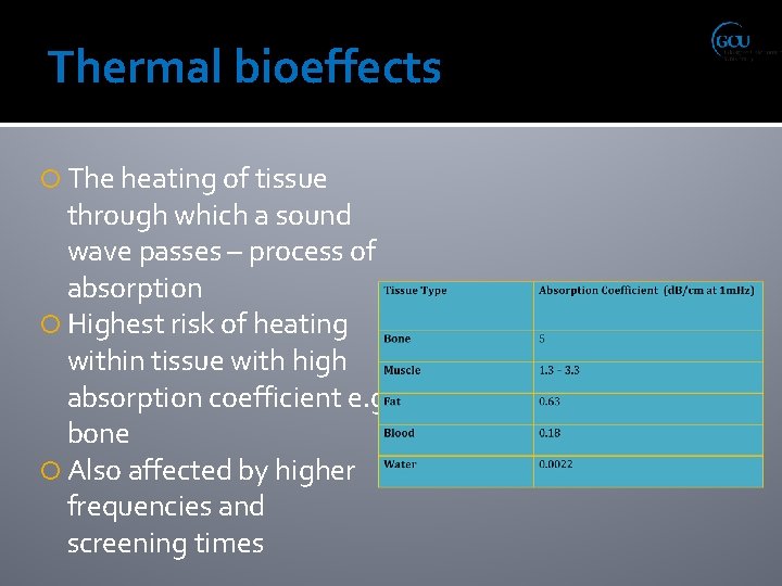 Thermal bioeffects The heating of tissue through which a sound wave passes – process