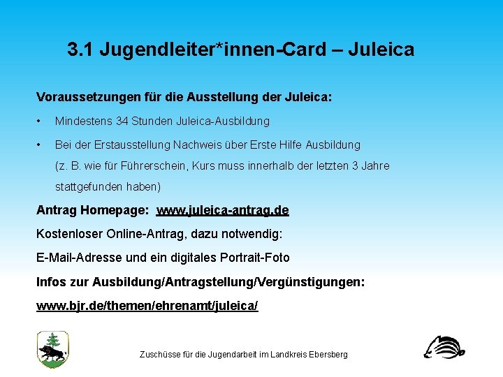 3. 1 Jugendleiter*innen-Card – Juleica Voraussetzungen für die Ausstellung der Juleica: • Mindestens 34