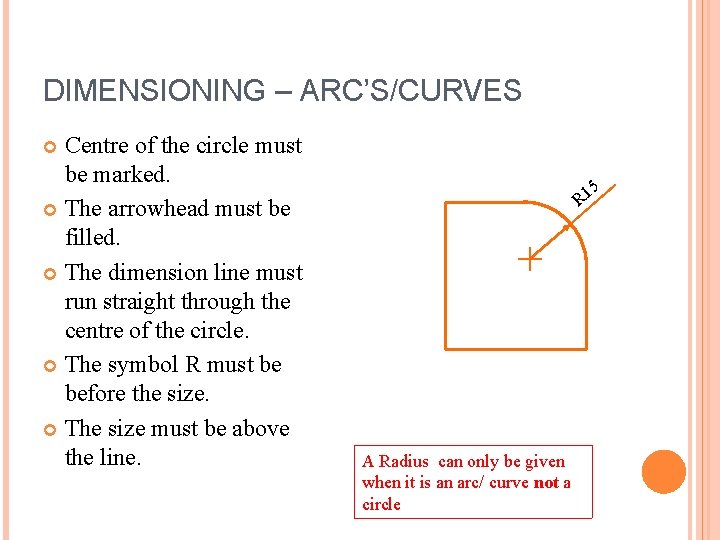DIMENSIONING – ARC’S/CURVES Centre of the circle must be marked. The arrowhead must be DIMENSIONING – ARC’S/CURVES Centre of the circle must be marked. The arrowhead must be