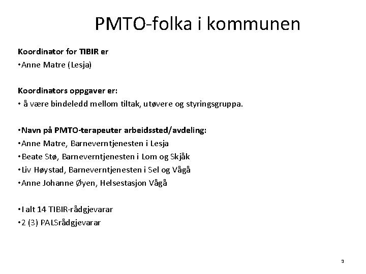 PMTO-folka i kommunen Koordinator for TIBIR er • Anne Matre (Lesja) Koordinators oppgaver er: