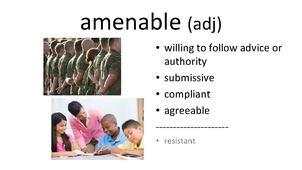 amenable (adj) • willing to follow advice or authority • submissive • compliant •