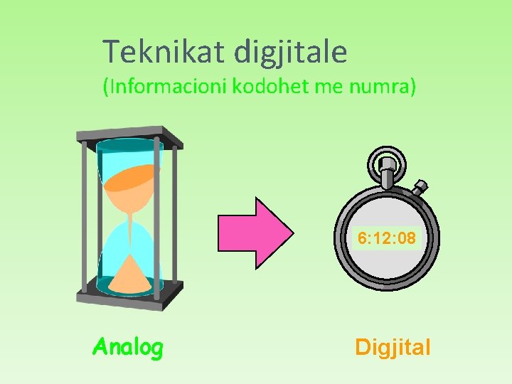 Teknikat digjitale (Informacioni kodohet me numra) 6: 12: 08 Analog Digjital 