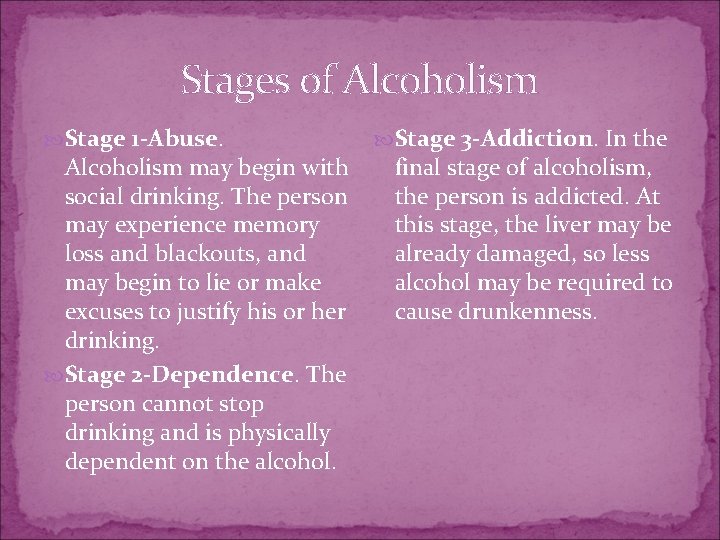 Stages of Alcoholism Stage 1 -Abuse. Alcoholism may begin with social drinking. The person