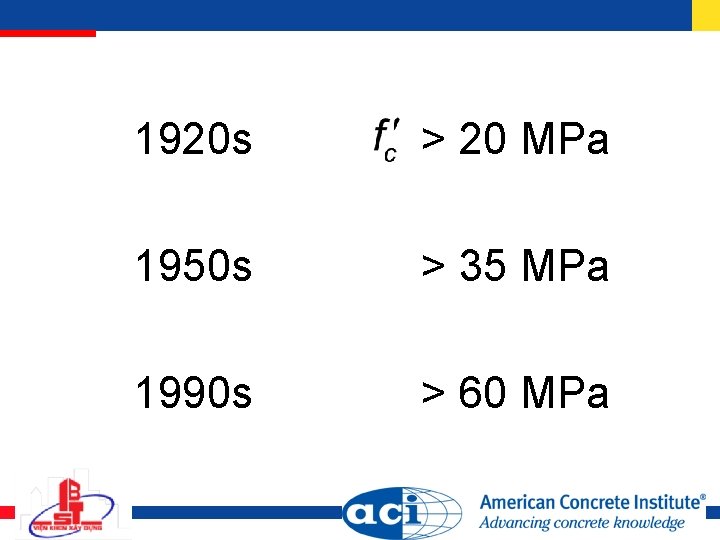 1920 s > 20 MPa 1950 s > 35 MPa 1990 s > 60