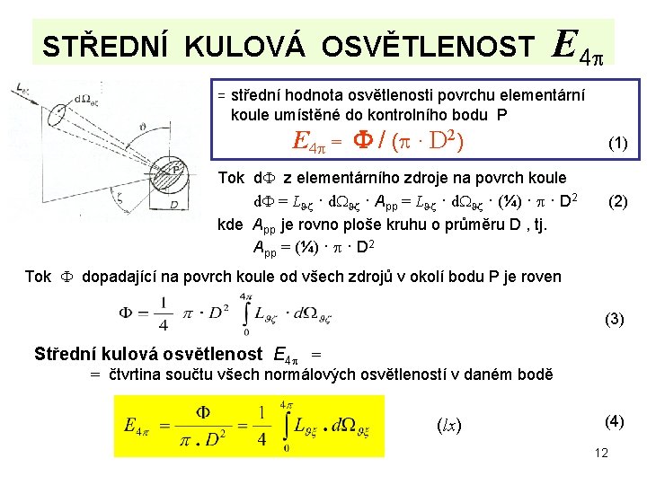 STŘEDNÍ KULOVÁ OSVĚTLENOST E 4 = střední hodnota osvětlenosti povrchu elementární koule umístěné do