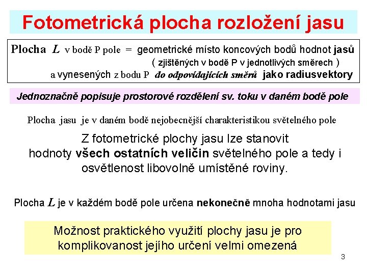 Fotometrická plocha rozložení jasu Plocha L v bodě P pole = geometrické místo koncových