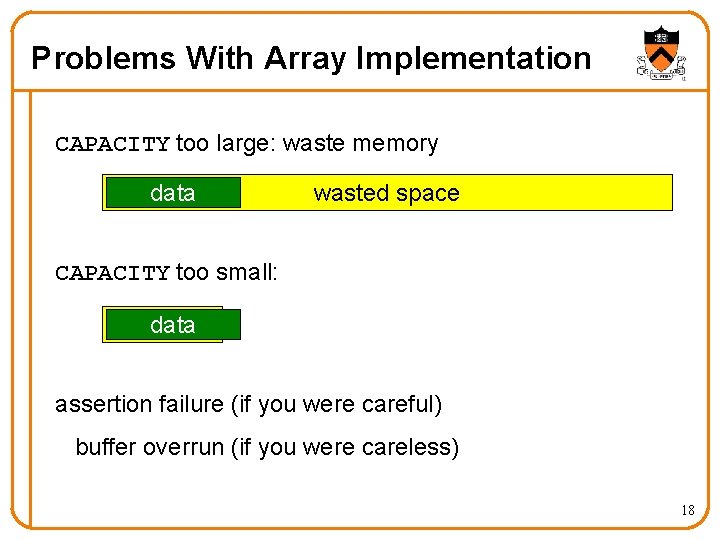 Problems With Array Implementation CAPACITY too large: waste memory data wasted space CAPACITY too