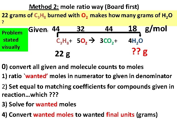 Method 2: mole ratio way (Board first) 22 grams of C 3 H 8