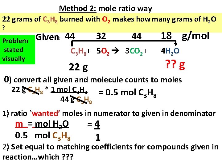 Method 2: mole ratio way 22 grams of C 3 H 8 burned with