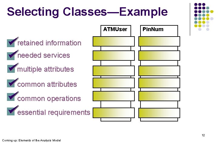 Selecting Classes—Example ATMUser Pin. Num retained information Yes needed services Yes No multiple attributes