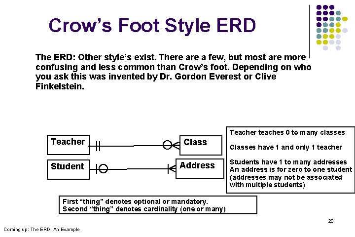 Crow’s Foot Style ERD The ERD: Other style’s exist. There a few, but most