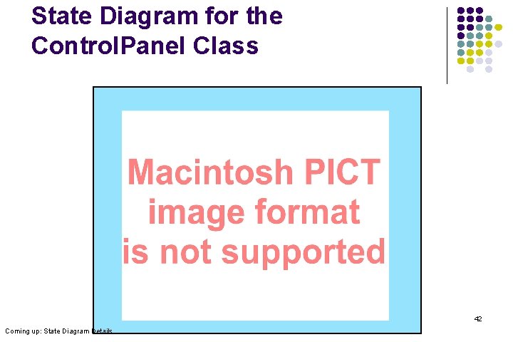 State Diagram for the Control. Panel Class 42 Coming up: State Diagram Details 