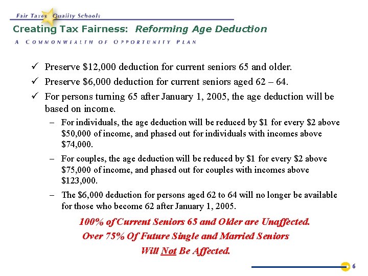 Creating Tax Fairness: Reforming Age Deduction ü Preserve $12, 000 deduction for current seniors