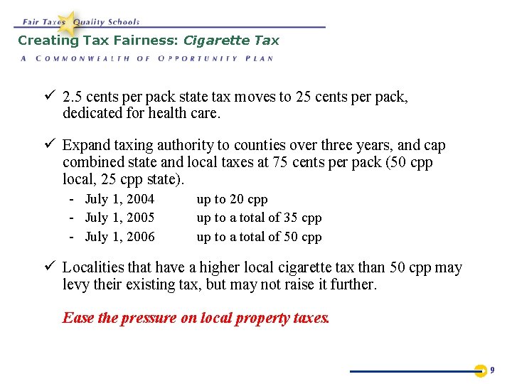 Creating Tax Fairness: Cigarette Tax ü 2. 5 cents per pack state tax moves