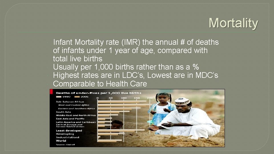 Mortality Infant Mortality rate (IMR) the annual # of deaths of infants under 1