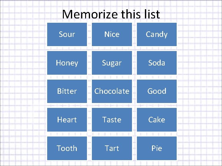 Memorize this list Sour Nice Candy Honey Sugar Soda Bitter Chocolate Good Heart Taste