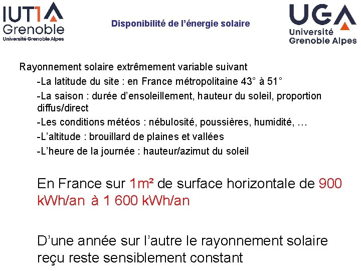 Disponibilité de l’énergie solaire Rayonnement solaire extrêmement variable suivant -La latitude du site :