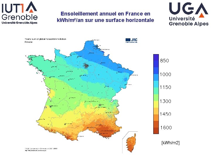 Ensoleillement annuel en France en k. Wh/m²/an sur une surface horizontale 