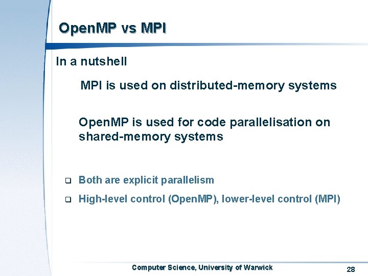 Open. MP vs MPI In a nutshell MPI is used on distributed-memory systems Open. Open. MP vs MPI In a nutshell MPI is used on distributed-memory systems Open.