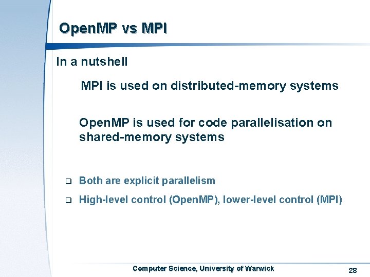 Open. MP vs MPI In a nutshell MPI is used on distributed-memory systems Open.