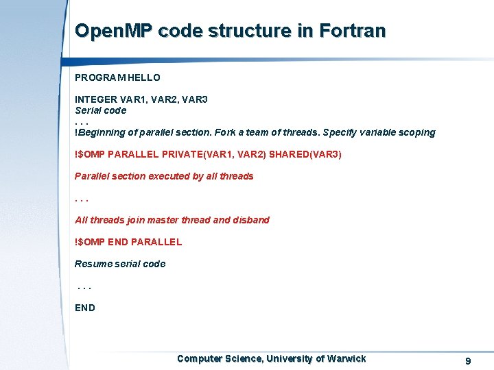 Open. MP code structure in Fortran PROGRAM HELLO INTEGER VAR 1, VAR 2, VAR Open. MP code structure in Fortran PROGRAM HELLO INTEGER VAR 1, VAR 2, VAR