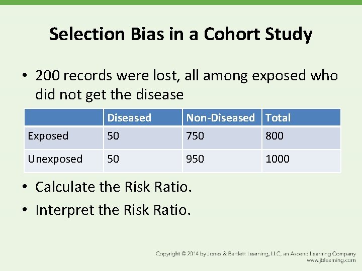 Selection Bias in a Cohort Study • 200 records were lost, all among exposed